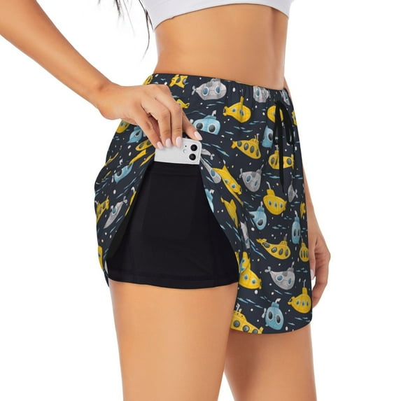 Pofeuu Watercolor Bathyscaphe Print Women's Athletic Shorts Running Workout Shorts Tummy Control Quick Dry Gym Shorts with Pockets Double layer sports shorts-Medium