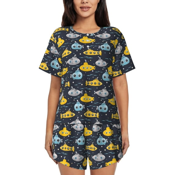 Pofeuu Watercolor Bathyscaphe Print Women's Pajama Set Short/Shorts Soft Button PJs Elastic Drawstring Waist Sleepwear-Large