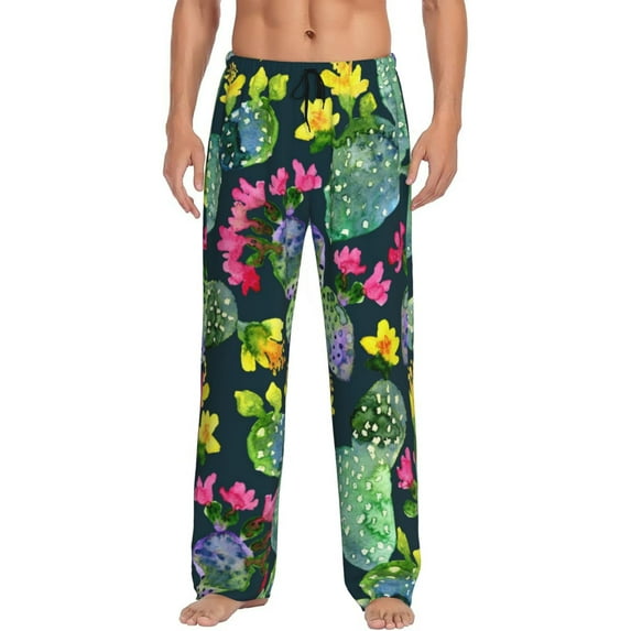 Pofeuu Watercolor Cactuses Print Men's Pajama Pants, Soft Lounge Pajama Pants with big pockets for Men Plaid Pj Bottoms-X-Large