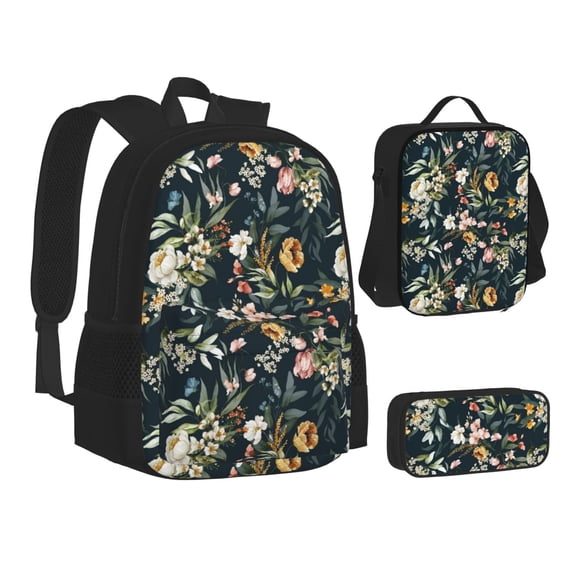 Pofeuu Watercolor Floral Print Backpack Travel Backpacks With Lunch Bag Pencil Bag Set 3 pcs Set Cartoon Backpack