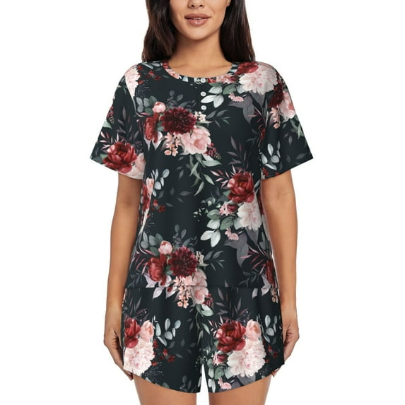 Pofeuu Watercolor Floral Print Women's Pajama Set Short/Shorts Soft Button PJs Elastic Drawstring Waist Sleepwear-4X-Large