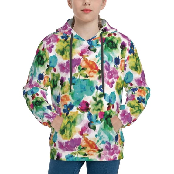 Pofeuu Watercolor Flowers Print Kids Pullover Hoodies Warm Thick Hooded Sweatshirt with Packet for Boys Girls-X-Large