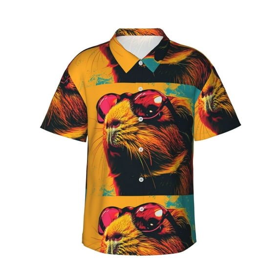 Pofeuu Watercolor Glasses Guinea Pig Print Hawaiian Shirt for Men Sleeves Casual Button Down Summer Beach Dress Shirts T-Shirts,Small