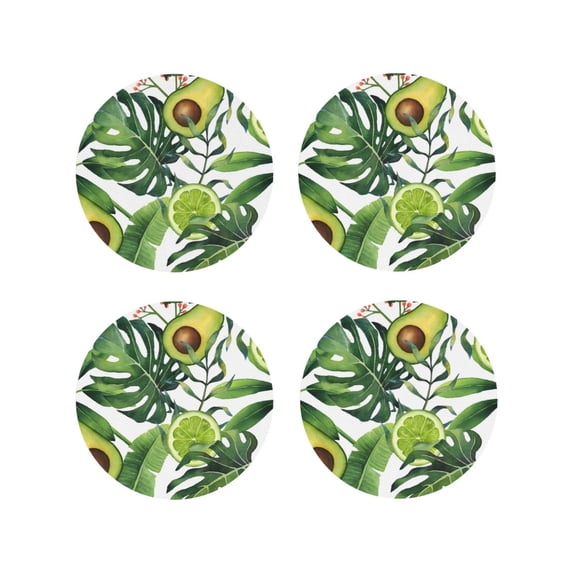 Pofeuu Watercolor Green Tropical Print Coasters for Drinks, 4Pack PU Leather Coasters, Bar Drink Coasters for Tabletop Protection, Furniture from Damage-Round Shape