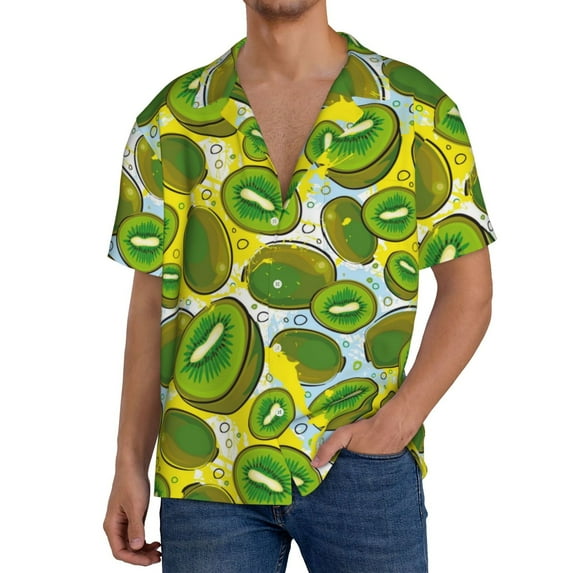 Pofeuu Watercolor Kiwi Fruits Summer Print Mens Casual Short Sleeve Shirts Beach Summer Spread Collar Pocket Tops Men's Casual Short-sleeved Shirt-Medium