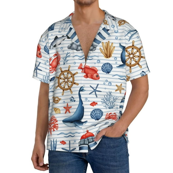 Pofeuu Watercolor Nautical Print Mens Casual Short Sleeve Shirts Beach Summer Spread Collar Pocket Tops Men's Casual Short-sleeved Shirt-3X-Large