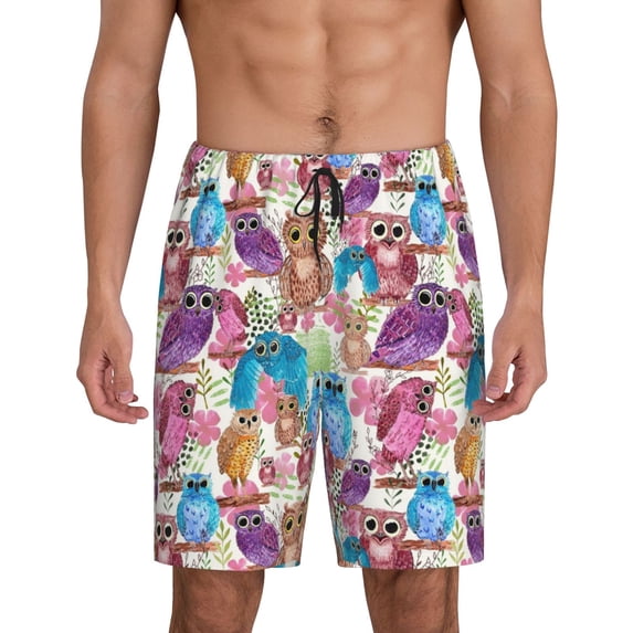 Pofeuu Watercolor Owl Print Men's Soft Woven Elastic Waistband Sleep Pajama Short-X-Large