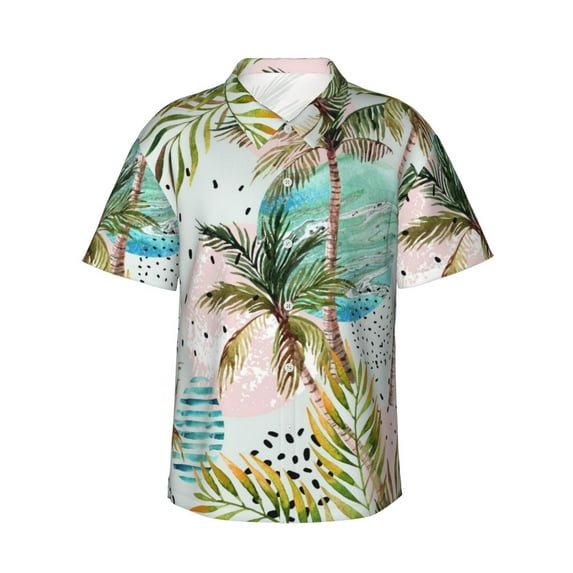 Pofeuu Watercolor Palm Tree Print Hawaiian Shirt for Men Sleeves Casual Button Down Summer Beach Dress Shirts T-Shirts,Medium