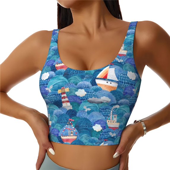 Pofeuu Watercolor Ships Print Sports Bra for Women Sexy Vest Yoga Running Gym Fitness Crop Bras Tops-