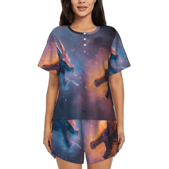 Pofeuu Watercolor Sky Dragon Print Women's Pajama Set Short/Shorts Soft Button PJs Elastic Drawstring Waist Sleepwear-Large