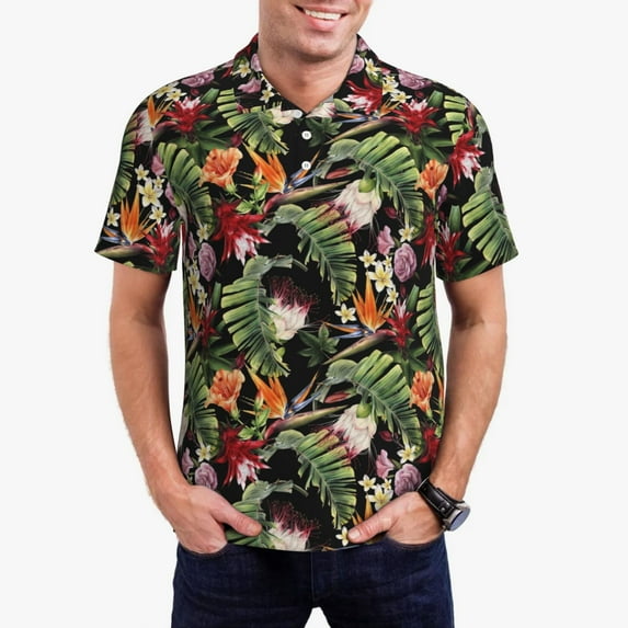 Pofeuu Watercolor Tropical Flowers Print Men's Loose Fit Midweight Short-Sleeve Pocket Polo-Medium