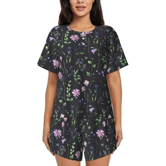 Pofeuu Watercolor Wildflower 1 Print Women's Pajama Set Short/Shorts Soft Button PJs Elastic Drawstring Waist Sleepwear-3X-Large
