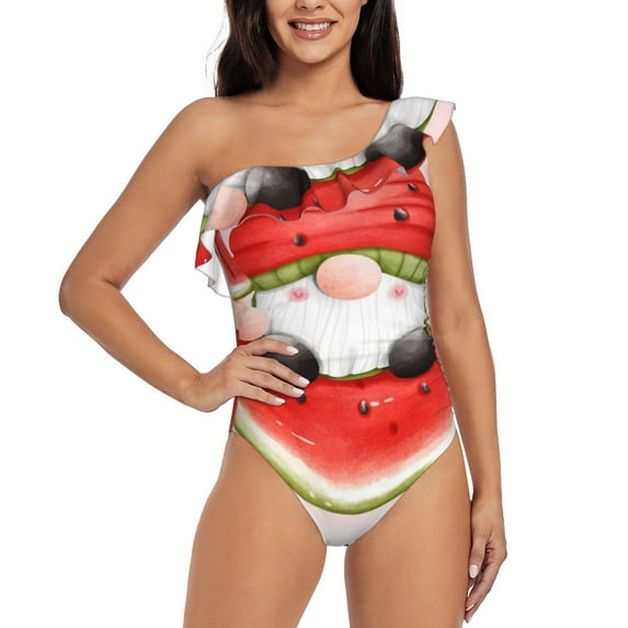 Pofeuu Watermelon Gnome Print Women's One Piece Swimsuits One Shoulder Swimwear Asymmetric Ruffle Monokinis Bathing Suits-XX-Large