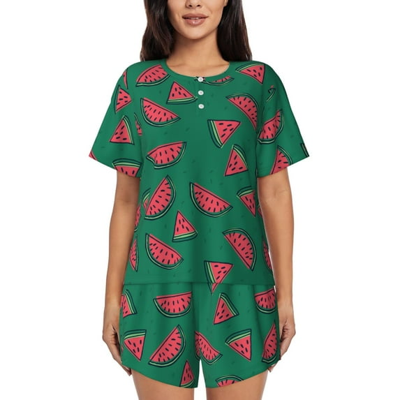 Pofeuu Watermelon Print Women's Pajama Set Short/Shorts Soft Button PJs Elastic Drawstring Waist Sleepwear-