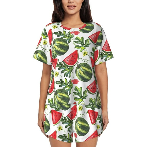 Pofeuu Watermelons Print Women's Pajama Set Short/Shorts Soft Button PJs Elastic Drawstring Waist Sleepwear-Large