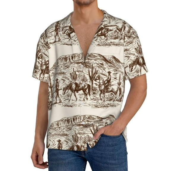 Pofeuu Western Desert Cowboys2 Print Mens Casual Short Sleeve Shirts Beach Summer Spread Collar Pocket Tops Men's Casual Short-sleeved Shirt-3X-Large