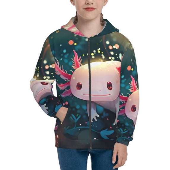Pofeuu Whimsical Axolotl Fantasy Print Teenage Zipper Hoodie Sweatshirts Hooded Casual Jackets With Pocket For Boys Girls-Small