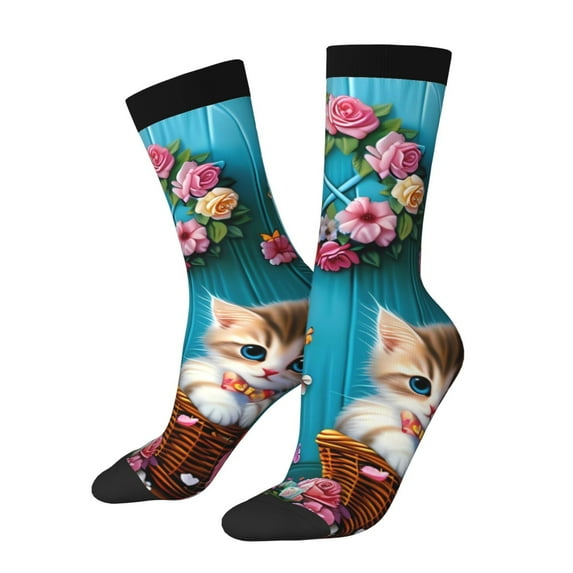 Pofeuu Whimsical Cats and Flowers Scene Print Crew Socks, Adult Running Hiking Socks for Youth and Adult