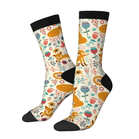 Pofeuu Whimsical Fox Floral Garden Print Crew Socks, Adult Running Hiking Socks for Youth and Adult