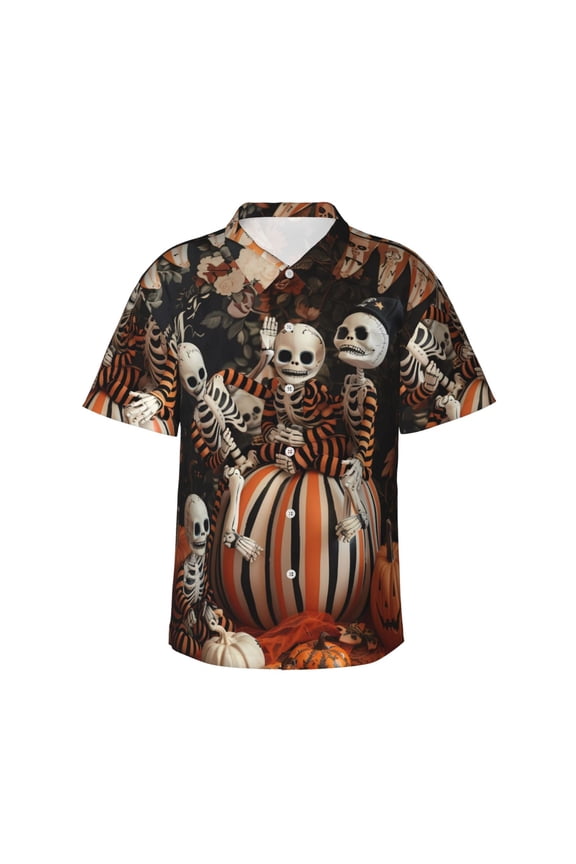 Whimsical Halloween Skeletons Print Hawaiian Shirt for Men Sleeves Casual Button Down Summer Beach Dress Shirts T-Shirts,Medium
