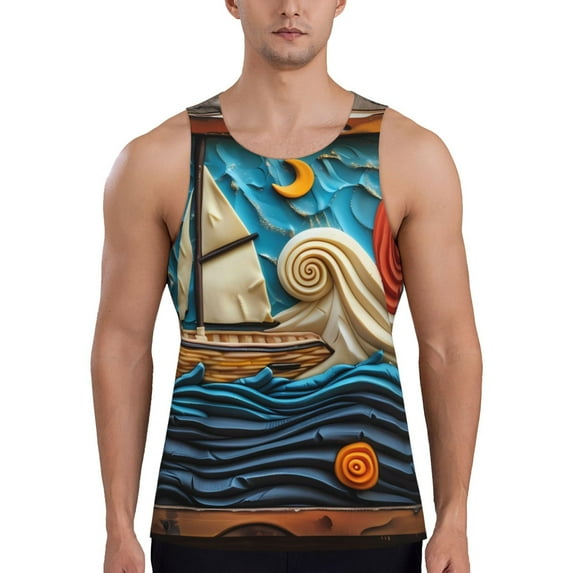 Pofeuu Whimsical Sailboat Ocean Art Print Men's Workout Tank Tops Sleeveless Muscle Gym Shirt Quick Dry-4X-Large