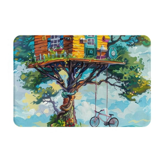 Pofeuu Whimsical Treehouse Painting Print Flannel Doormats Rug16"x24"Rug Washable Doormats Indoor Outdoor Rugs for Layered Front Door Mats, Porch, Kitchen, Entryway