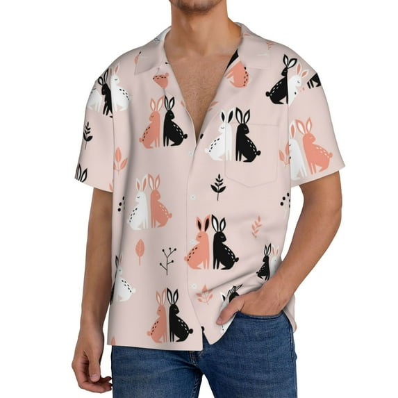 Pofeuu White And Black Rabbit Print Mens Casual Short Sleeve Shirts Beach Summer Spread Collar Pocket Tops Men's Casual Short-sleeved Shirt-Large
