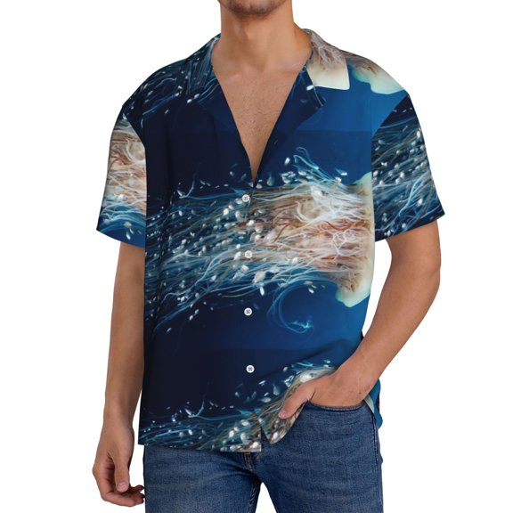 Pofeuu White Jellyfish Dansing in the Ocean Print Mens Casual Short Sleeve Shirts Beach Summer Spread Collar Pocket Tops Men's Casual Short-sleeved Shirt-3X-Large