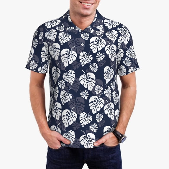 Pofeuu White Leaves Print Men's Loose Fit Midweight Short-Sleeve Pocket Polo-Large
