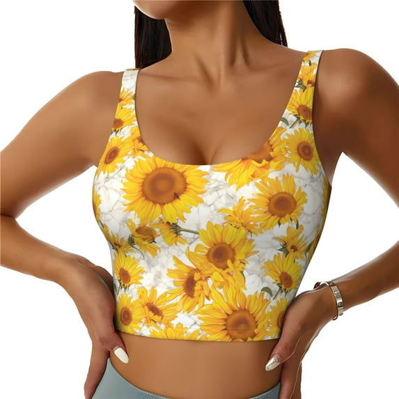 Pofeuu White Marble Pattern Sunflower Print Sports Bra for Women Sexy Vest Yoga Running Gym Fitness Crop Bras Tops-X-Large