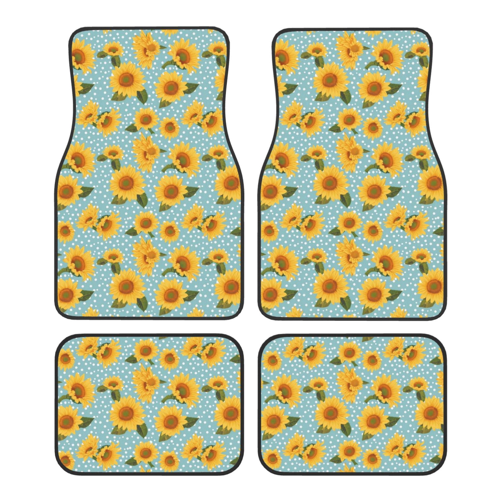Pofeuu White Polka Dot Sunflower Print Car Foot Mat Set of 4 Pieces ...