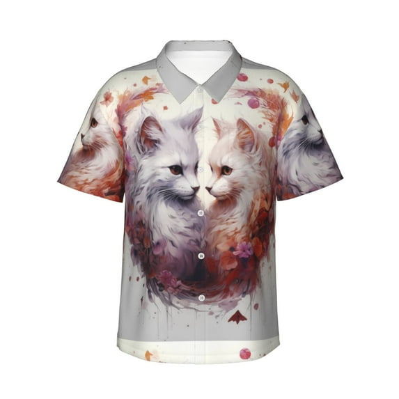 Pofeuu White Red Cat Couple Print Hawaiian Shirt for Men Sleeves Casual Button Down Summer Beach Dress Shirts T-Shirts,Medium