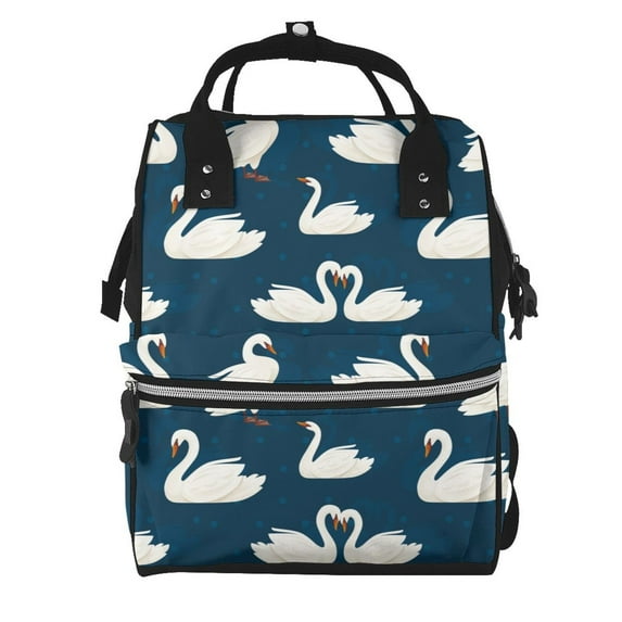 Pofeuu White Swam Print Diaper Bag Backpack, Multifunction Travel Pack Maternity Baby Changing Bags, Large Capacity, Waterproof