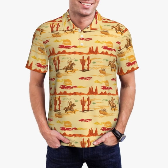 Pofeuu Wild West Colorful Print Men's Loose Fit Midweight Short-Sleeve Pocket Polo-Medium