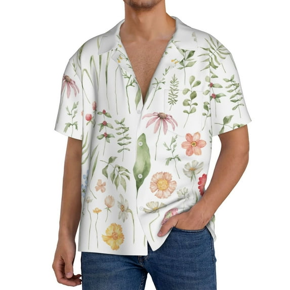 Pofeuu Wildflower Watercolor 2 Print Mens Casual Short Sleeve Shirts Beach Summer Spread Collar Pocket Tops Men's Casual Short-sleeved Shirt-Large