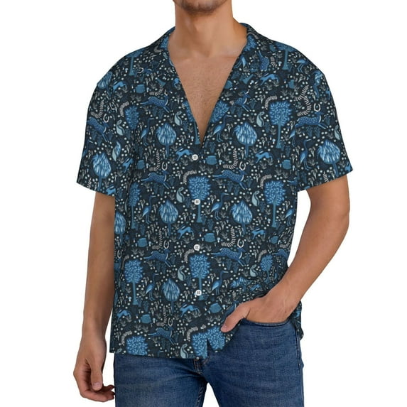Pofeuu Winter Blue Forest Deer Print Mens Casual Short Sleeve Shirts Beach Summer Spread Collar Pocket Tops Men's Casual Short-sleeved Shirt-Small