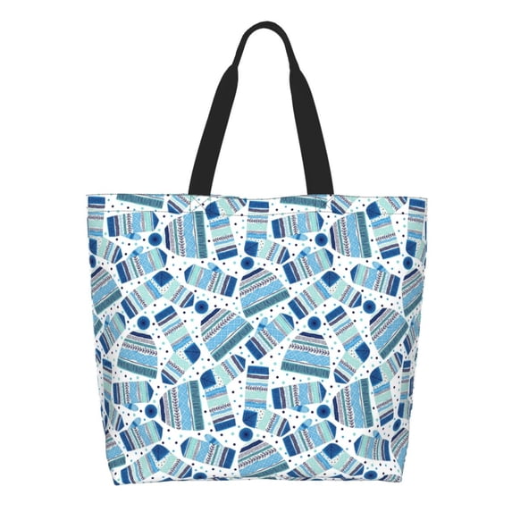 Pofeuu Winter Knit Hat and Socks Print Reusable Grocery Bags - Washable, Foldable, Packable Tote, Large Handles, Heavy Duty, Zippered Top Pouch