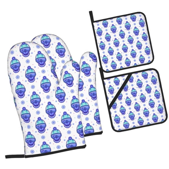 Pofeuu Winter Snowflake Skiing Skull Print Oven Mitts and Pot Holders 4 pcs Set,High Heat Resistant 500 Degree Extra Thicken Long Kitchen Cotton Oven Glove for Cooking