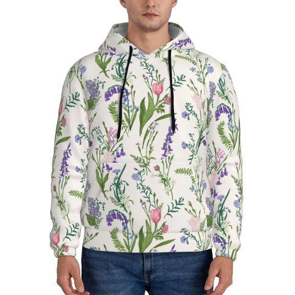 Pofeuu Wisteria Flower Print Mens Casual Hooded Collar Drawstring Hoodies Pullover Sweatshirts Casual Long Sleeve Shirts-3X-Large