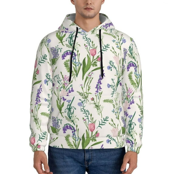 Pofeuu Wisteria Flower Print Mens Casual Hooded Collar Drawstring Hoodies Pullover Sweatshirts Casual Long Sleeve Shirts-Large