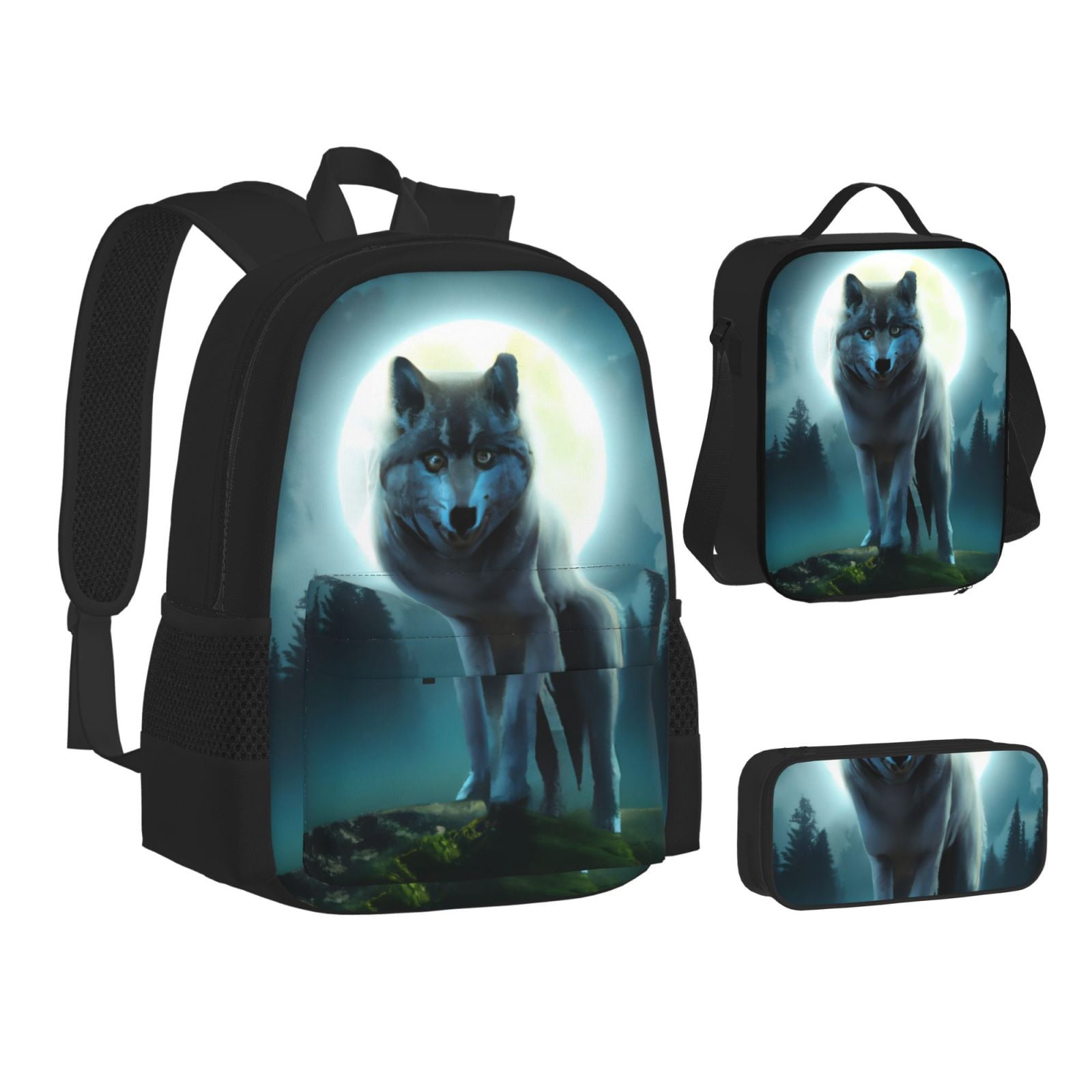 Pofeuu Wolf Print Backpack Travel Backpacks With Lunch Bag Pencil Bag ...
