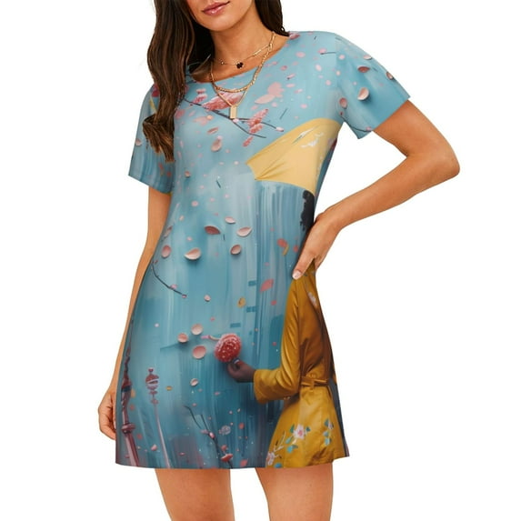 Pofeuu Woman Under Blossoming Tree Print Women's Loose Fit Short Sleeve Nightgown, Comfortable Sleep Dress for Women, Casual Lounge Sleepwear, Soft Cotton Sleep Dress