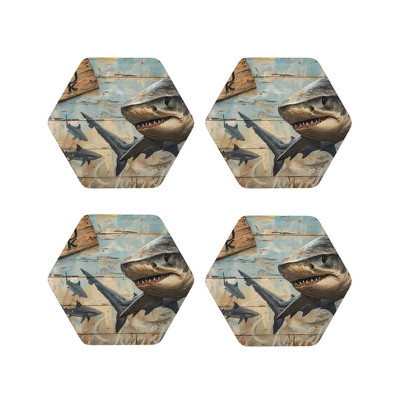 Pofeuu Wood Grain Shark Print Coasters for Drinks, 4Pack PU Leather Coasters, Bar Drink Coasters for Tabletop Protection, Furniture from Damage-Hexagon