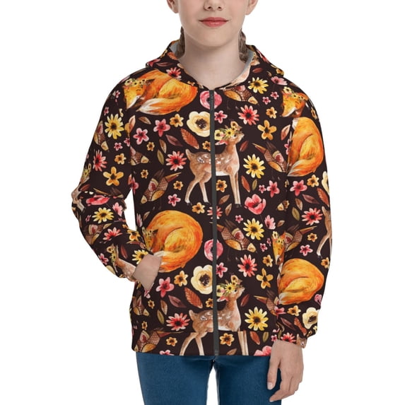 Pofeuu Woodland Creatures Floral Print Teenage Zipper Hoodie Sweatshirts Hooded Casual Jackets With Pocket For Boys Girls-Small