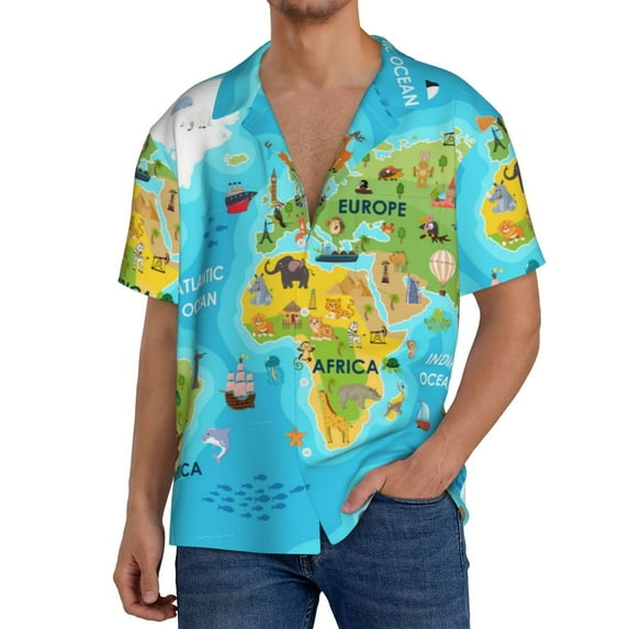 Pofeuu World Map With Animals Landmarks Print Mens Casual Short Sleeve Shirts Beach Summer Spread Collar Pocket Tops Men's Casual Short-sleeved Shirt-3X-Large