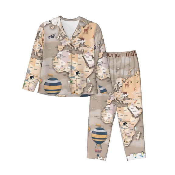 Pofeuu World Map With Animals Print Womens Pajamas Set Long Sleeve Sleepwear Button Down Nightwear Soft Pj Lounge Sets Button Down Pajamas Women-Small