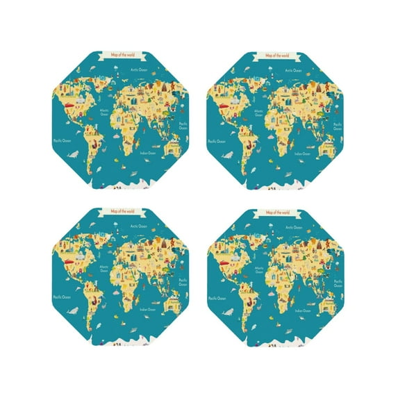 Pofeuu World Map With Landmarks Print Coasters for Drinks, 4Pack PU Leather Coasters, Bar Drink Coasters for Tabletop Protection, Furniture from Damage-Octagon