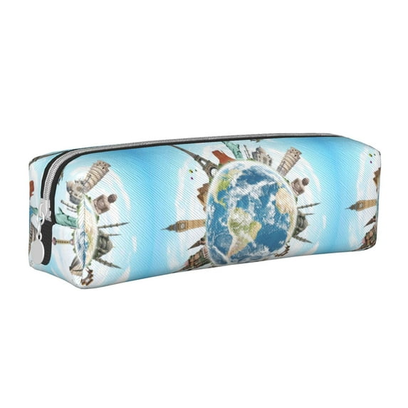 Pofeuu World Travel Print Leather Pencil Case, Leather Pencil Pouch Large Capacity, Big Pencil Pouch with Zipper Vintage Pen Bag Fountain Pen Holder