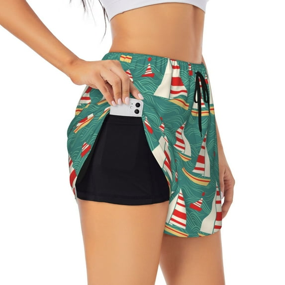 Pofeuu Yachts And Buoys Print Women's Athletic Shorts Running Workout Shorts Tummy Control Quick Dry Gym Shorts with Pockets Double layer sports shorts-Large
