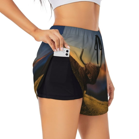 Pofeuu Yak Print Women's Athletic Shorts Running Workout Shorts Tummy Control Quick Dry Gym Shorts with Pockets Double layer sports shorts-Large